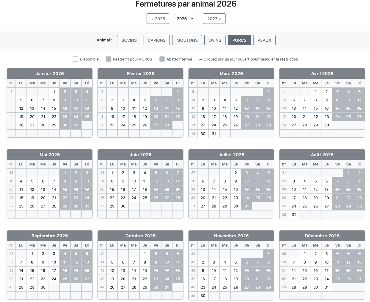 Capture d'écran du paramétrage des fermetures par espèce sur l'année 2026.